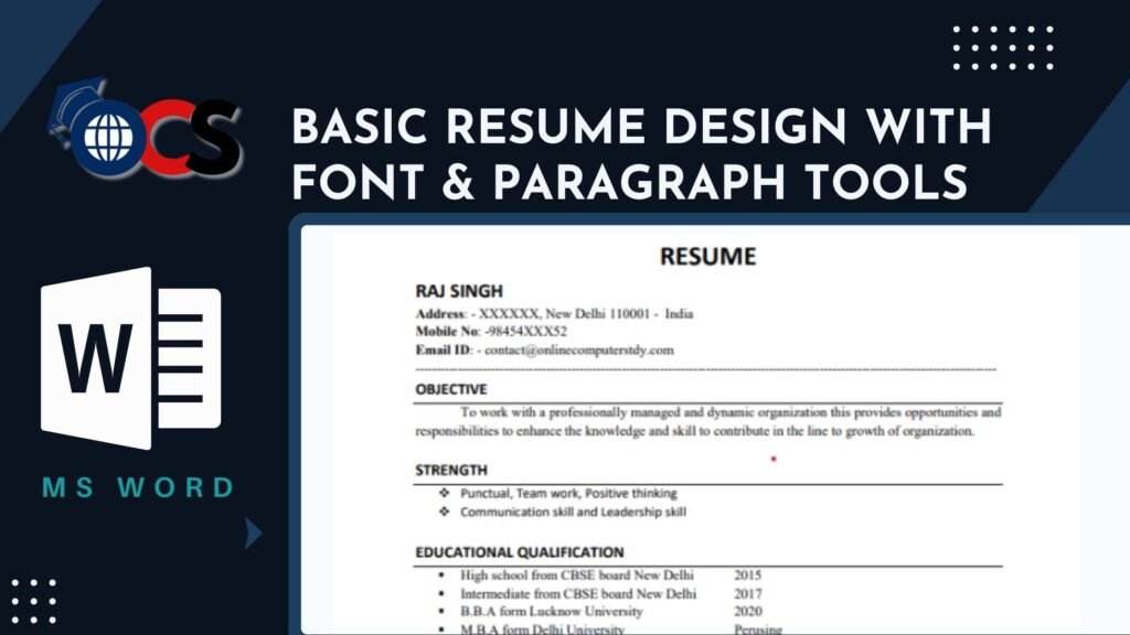MS word Project simple resume - Online computer study